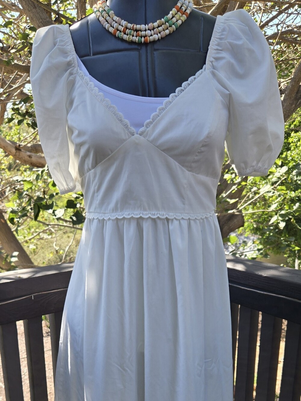 August Sky White Puff Sleeve Empire Waist Crisp Cotton Summer Midi Dress